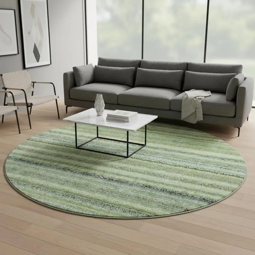 8' Green And Blue Striped Washable Round Rug With UV Protection Photo 2