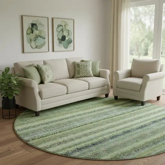 8' Green And Blue Striped Washable Round Rug With UV Protection Photo 1