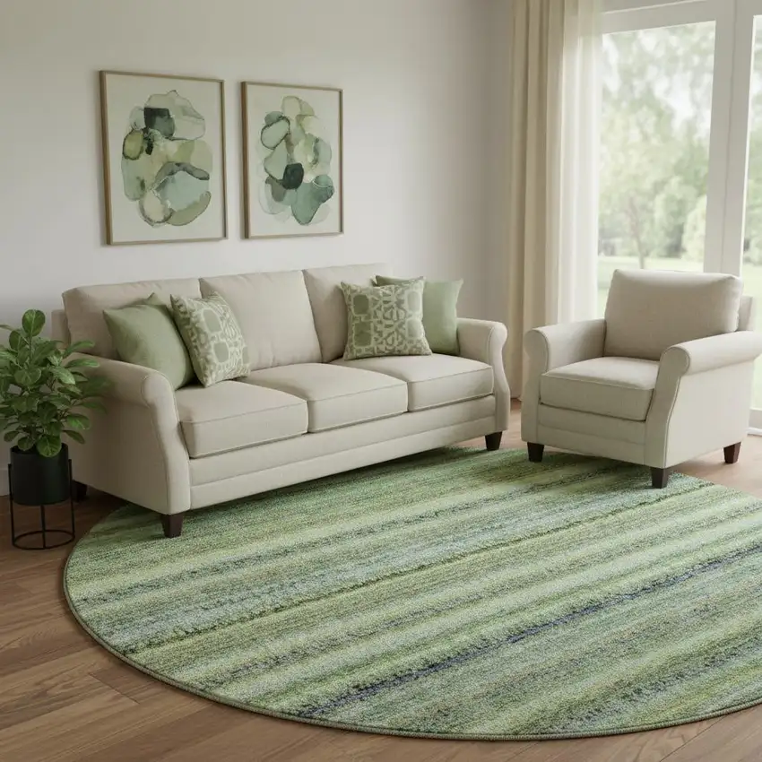 8' Green And Blue Striped Washable Round Rug With UV Protection Photo 1