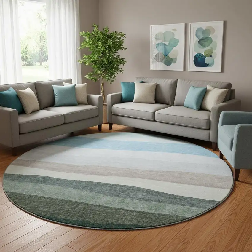 8' Green And Blue Striped Washable Round Rug With UV Protection Photo 2