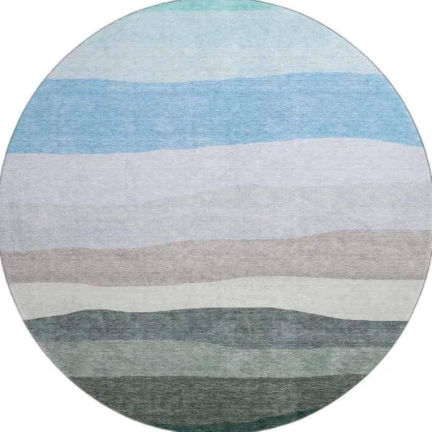 8' Green And Blue Striped Washable Round Rug With UV Protection Photo 4