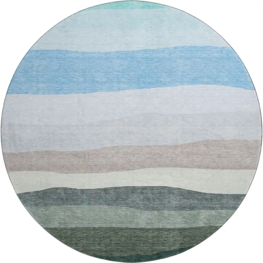 8' Green And Blue Striped Washable Round Rug With UV Protection Photo 1