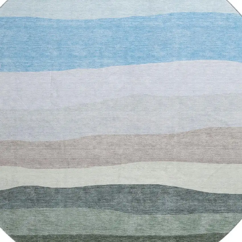8' Green And Blue Striped Washable Round Rug With UV Protection Photo 3