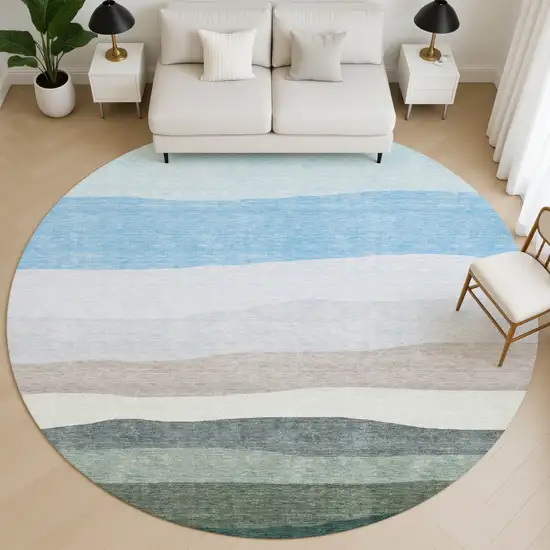 8' Green And Blue Striped Washable Round Rug With UV Protection Photo 5