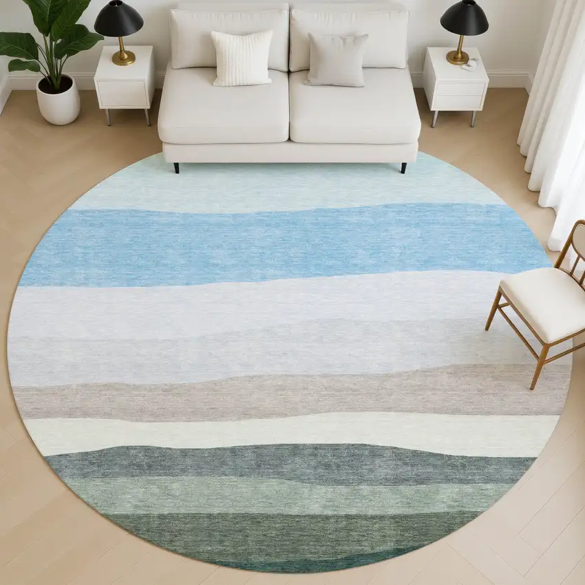8' Green And Blue Striped Washable Round Rug With UV Protection Photo 5