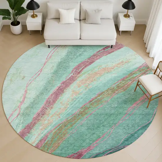 8' Green And Blush Abstract Washable Round Rug With UV Protection Photo 4