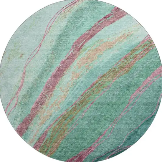 8' Green And Blush Abstract Washable Round Rug With UV Protection Photo 3