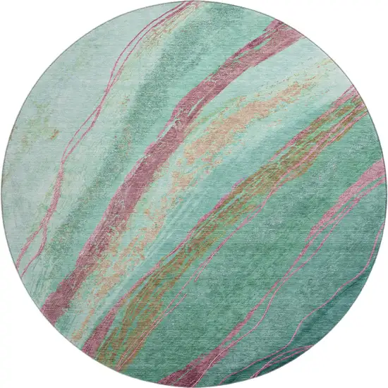 8' Green And Blush Abstract Washable Round Rug With UV Protection Photo 2