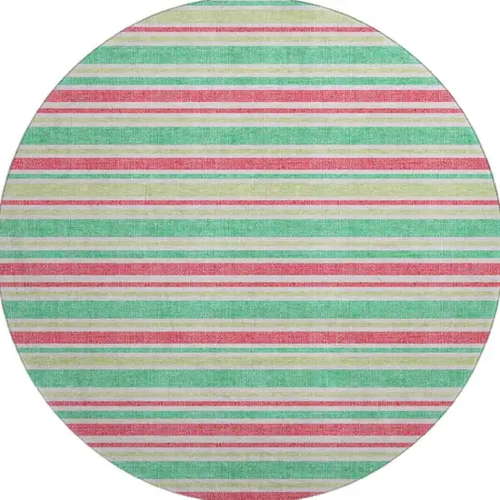 8' Green And Blush Striped Washable Round Rug With UV Protection Photo 4