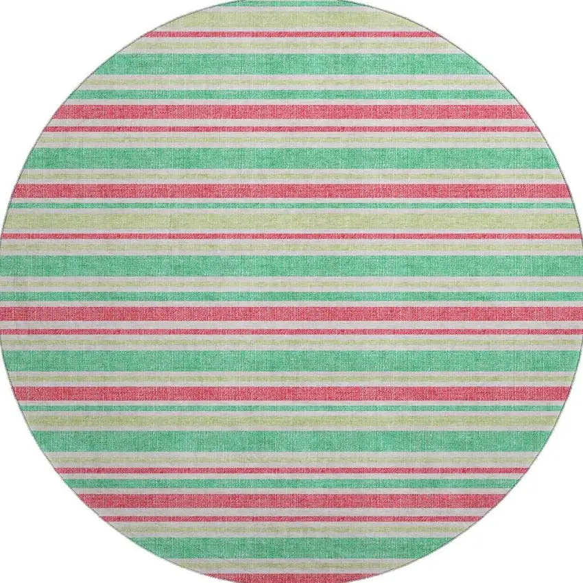 8' Green And Blush Striped Washable Round Rug With UV Protection Photo 4