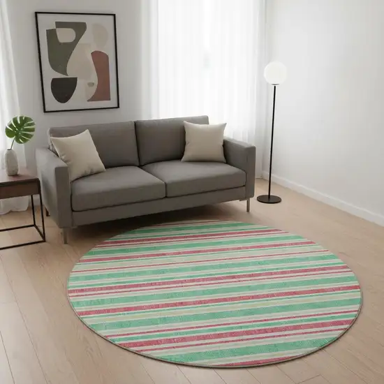 8' Green And Blush Striped Washable Round Rug With UV Protection Photo 2