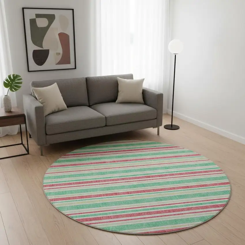 8' Green And Blush Striped Washable Round Rug With UV Protection Photo 2