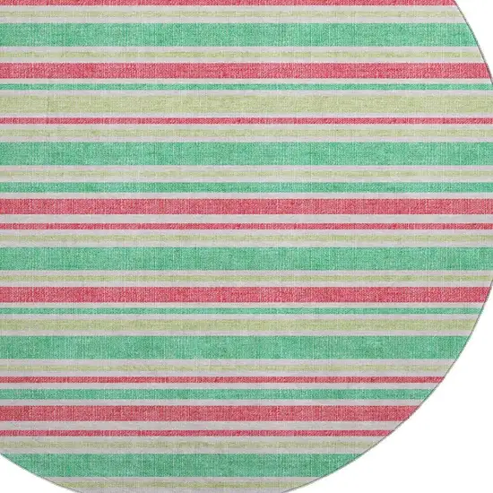 8' Green And Blush Striped Washable Round Rug With UV Protection Photo 3