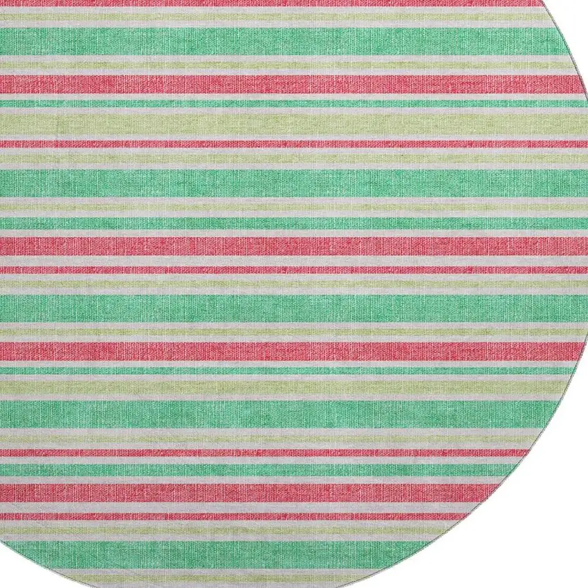8' Green And Blush Striped Washable Round Rug With UV Protection Photo 3