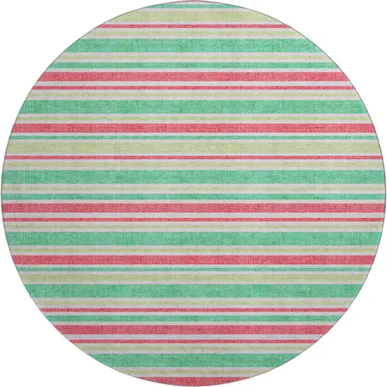 8' Green And Blush Striped Washable Round Rug With UV Protection Photo 1