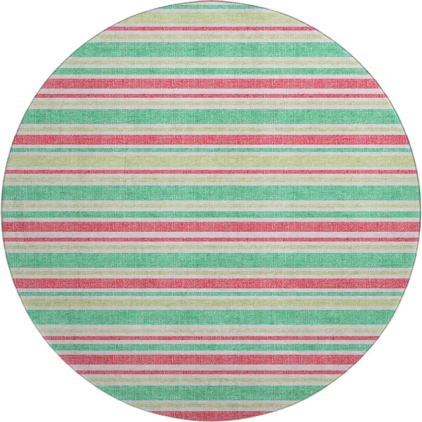 8' Green And Blush Striped Washable Round Rug With UV Protection Photo 1