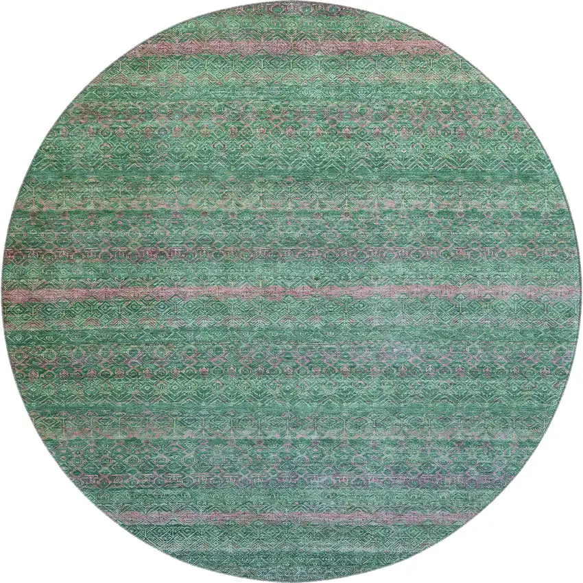 8' Green And Blush Striped Washable Round Rug With UV Protection Photo 1