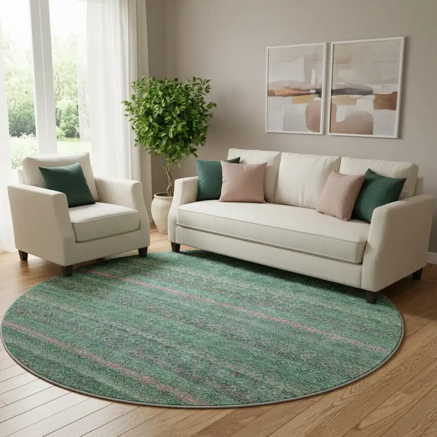 8' Green And Blush Striped Washable Round Rug With UV Protection Photo 2