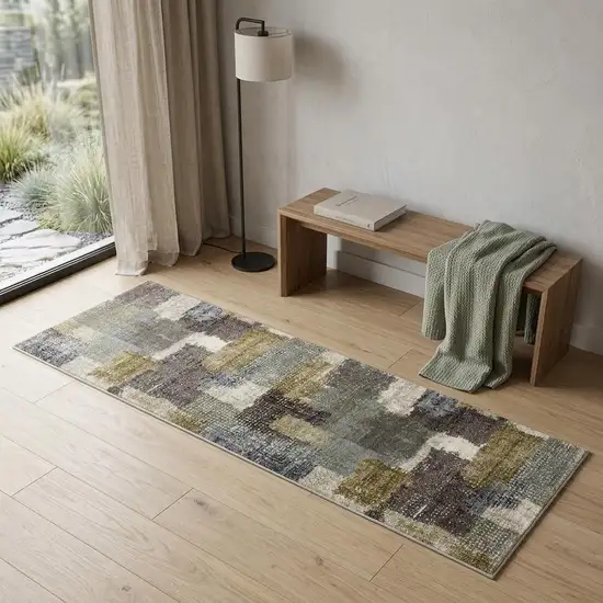 7' Green And Brown Abstract Runner Rug Photo 1