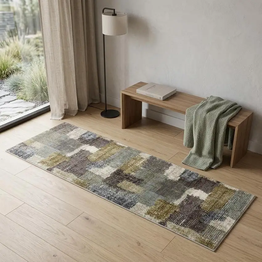 7' Green And Brown Abstract Runner Rug Photo 1