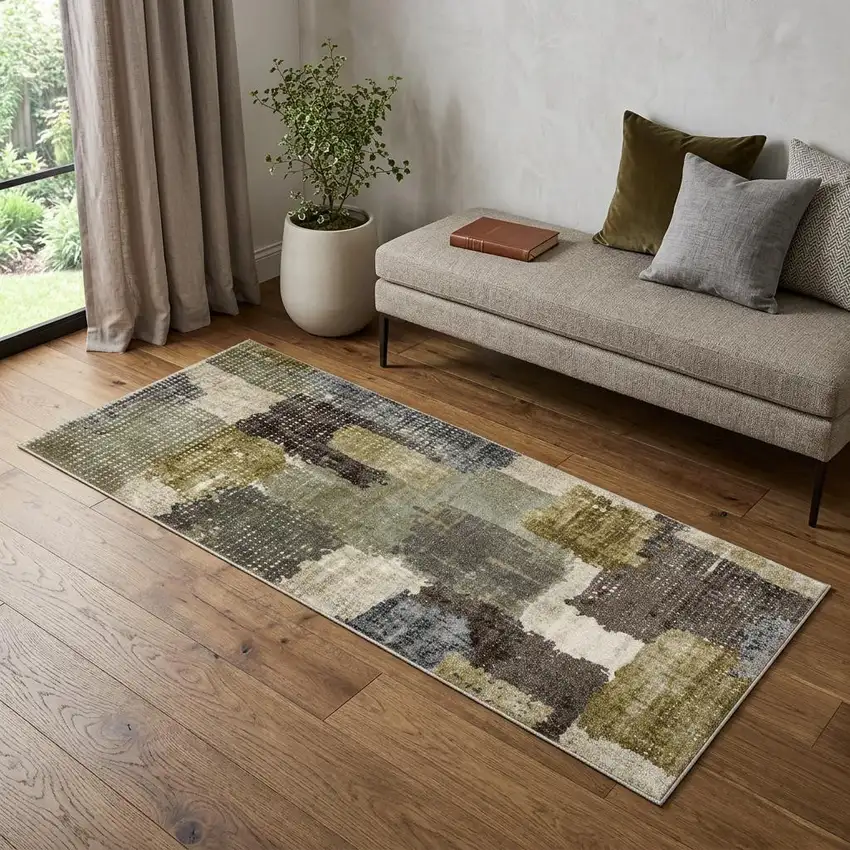 7' Green And Brown Abstract Runner Rug Photo 1