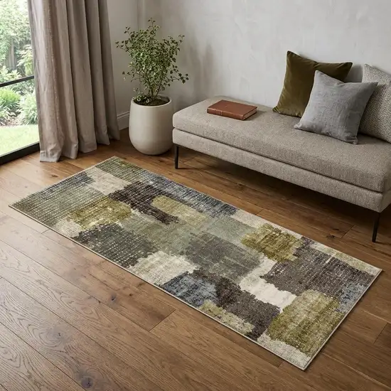 7' Green And Brown Abstract Runner Rug Photo 1