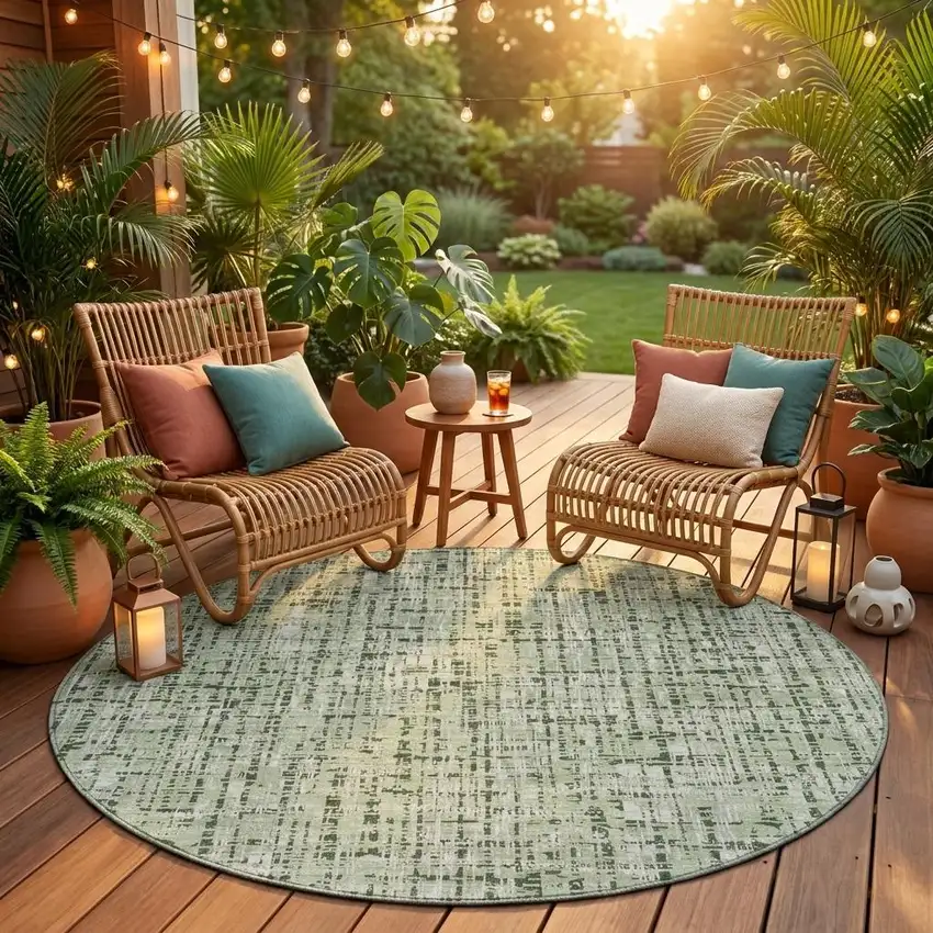 8' Green And Brown Round Abstract Washable Indoor Outdoor Area Rug Photo 1