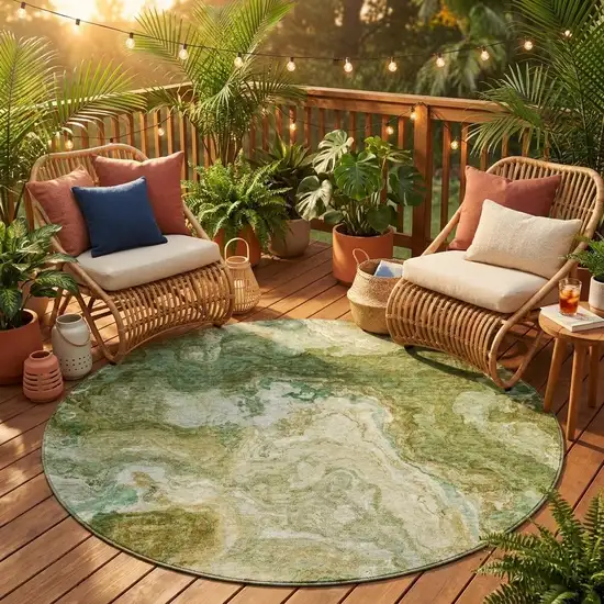 8' Green And Brown Round Abstract Washable Indoor Outdoor Area Rug Photo 1