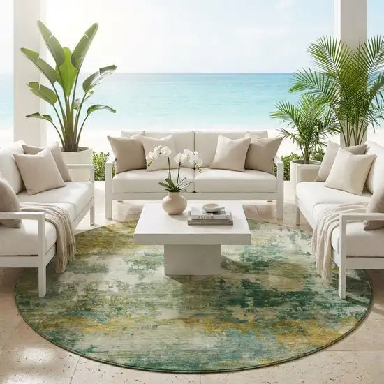 8' Green And Brown Round Abstract Washable Indoor Outdoor Area Rug Photo 1