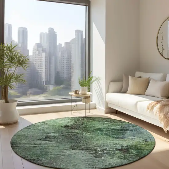 8' Green And Brown Round Abstract Washable Indoor Outdoor Area Rug Photo 5