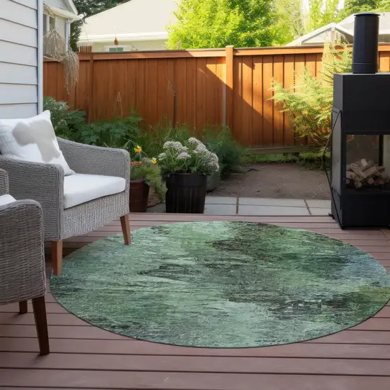 8' Green And Brown Round Abstract Washable Indoor Outdoor Area Rug Photo 4