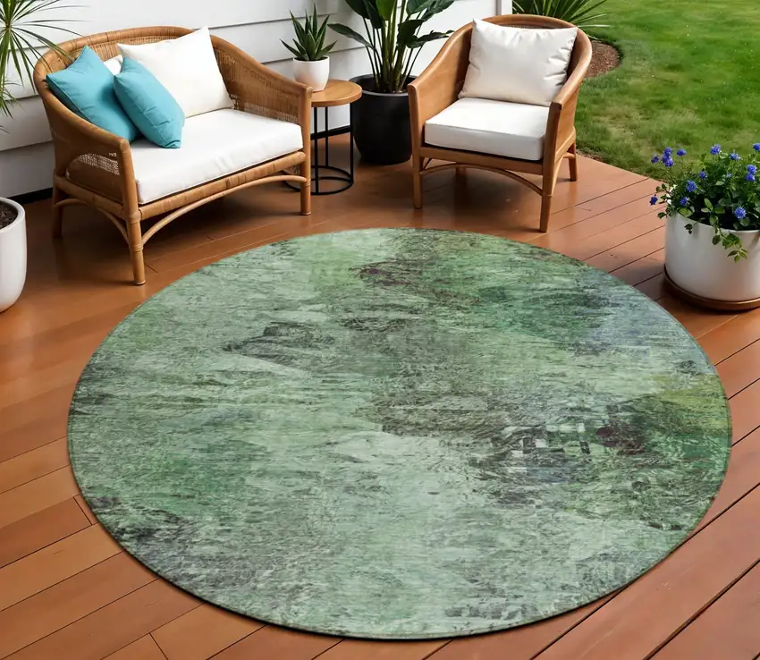 8' Green And Brown Round Abstract Washable Indoor Outdoor Area Rug Photo 1