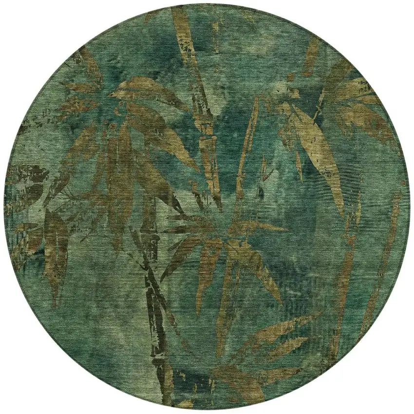 8' Green And Brown Round Botanical Leaves Washable Indoor Outdoor Area Rug Photo 3