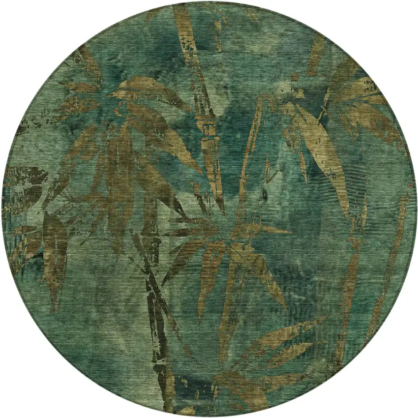8' Green And Brown Round Botanical Leaves Washable Indoor Outdoor Area Rug Photo 1