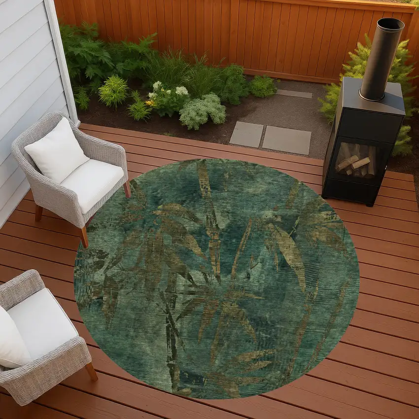 8' Green And Brown Round Botanical Leaves Washable Indoor Outdoor Area Rug Photo 7
