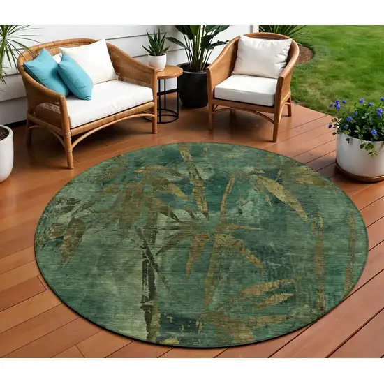 8' Green And Brown Round Botanical Leaves Washable Indoor Outdoor Area Rug Photo 2