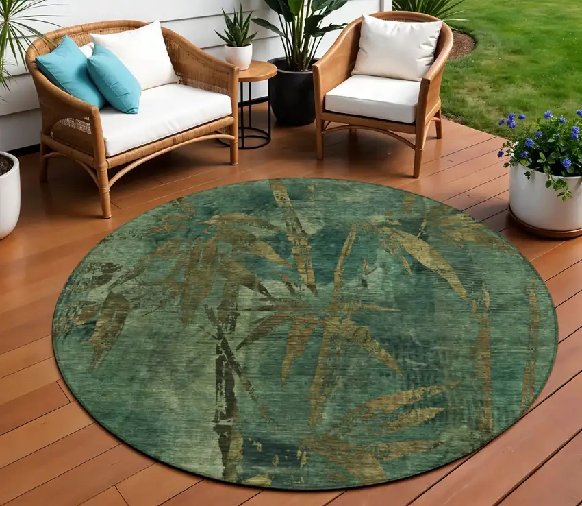 8' Green And Brown Round Botanical Leaves Washable Indoor Outdoor Area Rug Photo 2