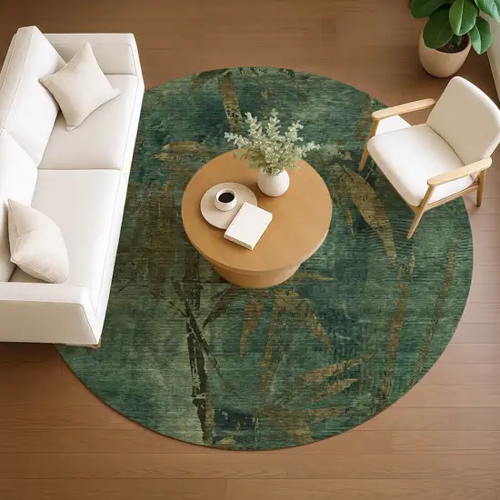 8' Green And Brown Round Botanical Leaves Washable Indoor Outdoor Area Rug Photo 8