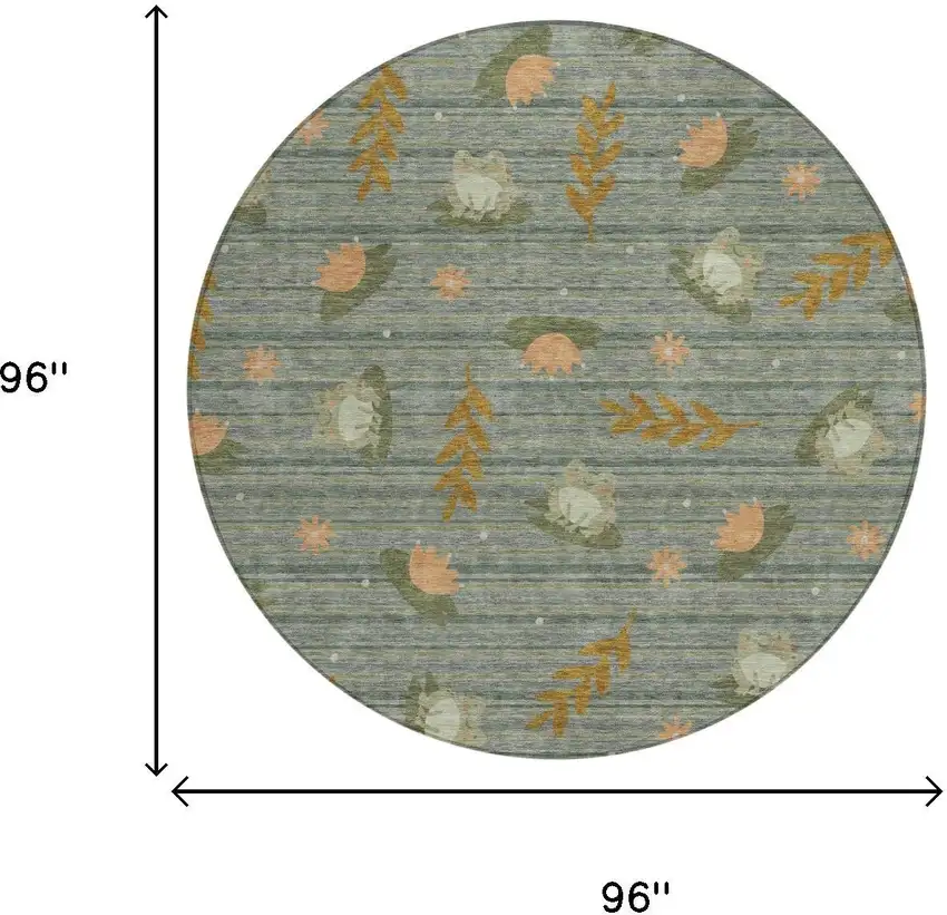 8' Green And Brown Round Botanical Leaves Washable Indoor Outdoor Area Rug Photo 5