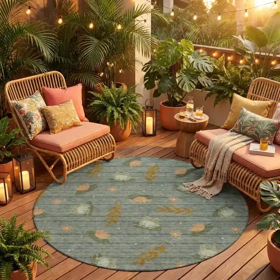 8' Green And Brown Round Botanical Leaves Washable Indoor Outdoor Area Rug Photo 1