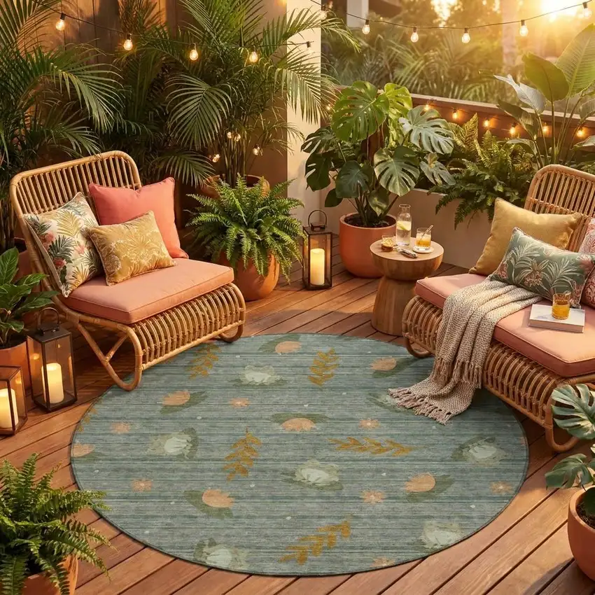 8' Green And Brown Round Botanical Leaves Washable Indoor Outdoor Area Rug Photo 1