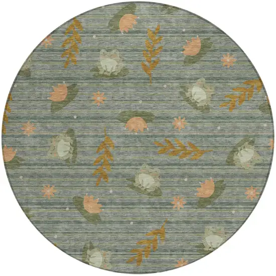 8' Green And Brown Round Botanical Leaves Washable Indoor Outdoor Area Rug Photo 2