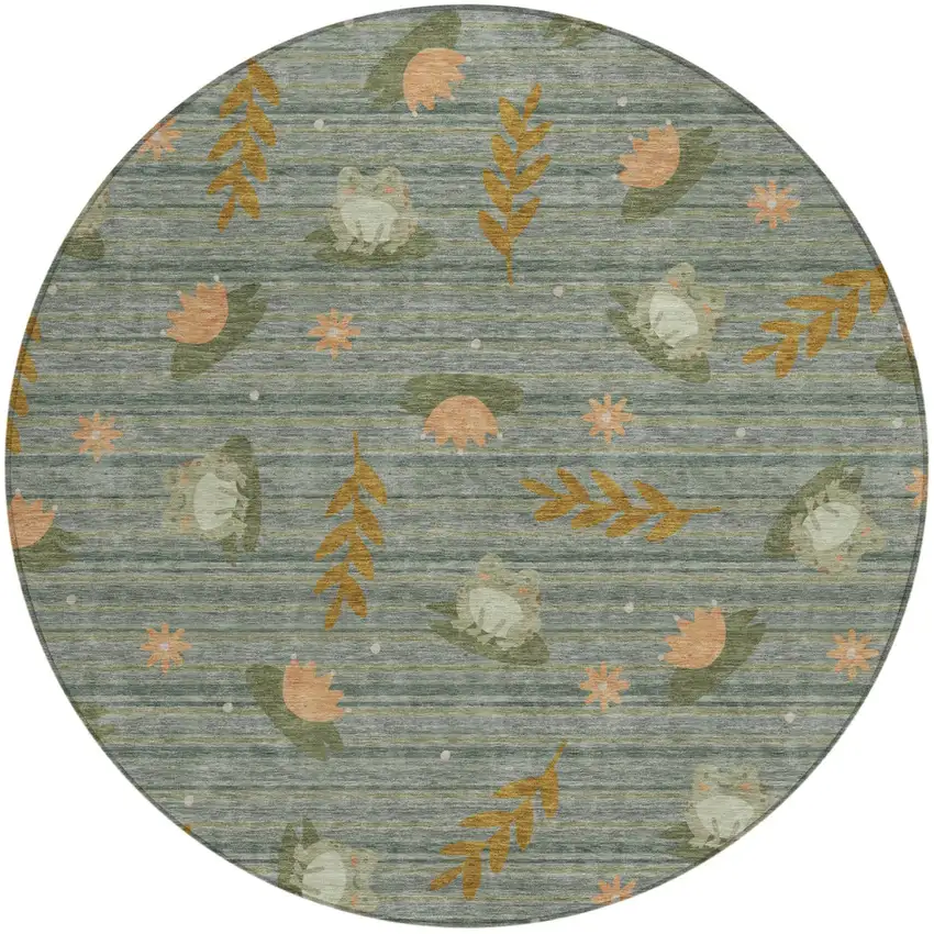 8' Green And Brown Round Botanical Leaves Washable Indoor Outdoor Area Rug Photo 2