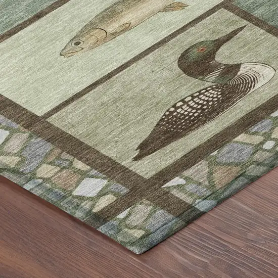 8' Green And Brown Round Floral Medallion Washable Indoor Outdoor Area Rug Photo 4