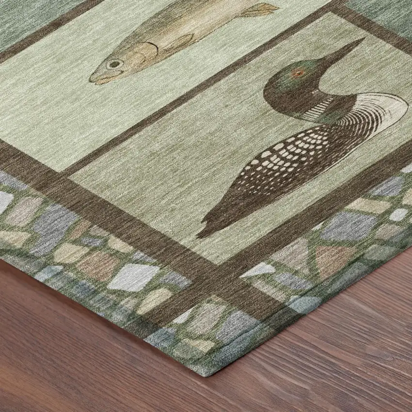 8' Green And Brown Round Floral Medallion Washable Indoor Outdoor Area Rug Photo 4
