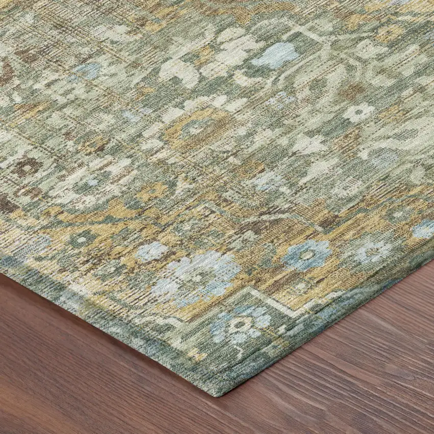 8' Green And Brown Round Floral Medallion Washable Indoor Outdoor Area Rug Photo 3