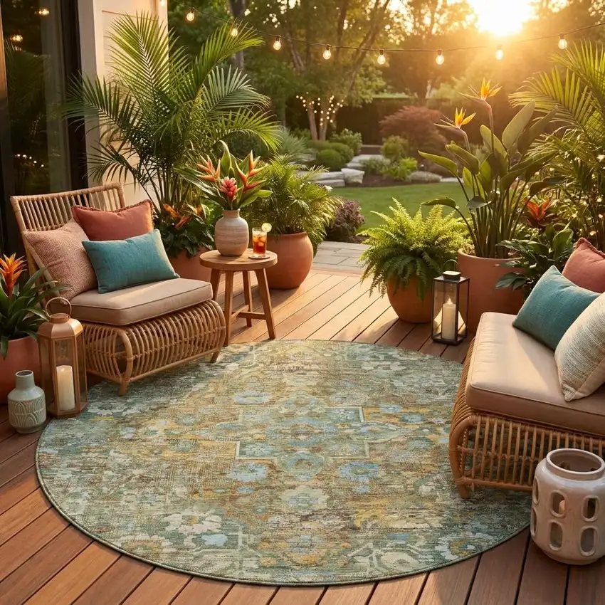 8' Green And Brown Round Floral Medallion Washable Indoor Outdoor Area Rug Photo 1