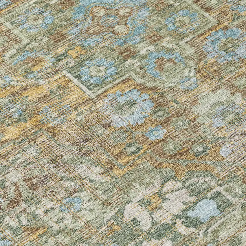 8' Green And Brown Round Floral Medallion Washable Indoor Outdoor Area Rug Photo 4