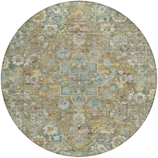 8' Green And Brown Round Floral Medallion Washable Indoor Outdoor Area Rug Photo 2