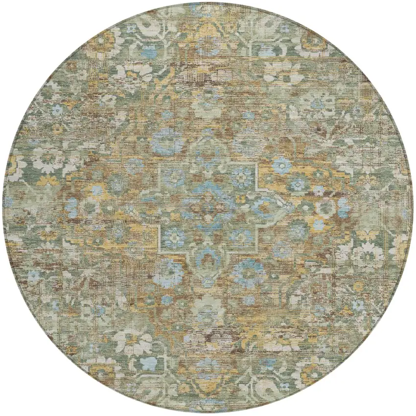 8' Green And Brown Round Floral Medallion Washable Indoor Outdoor Area Rug Photo 2